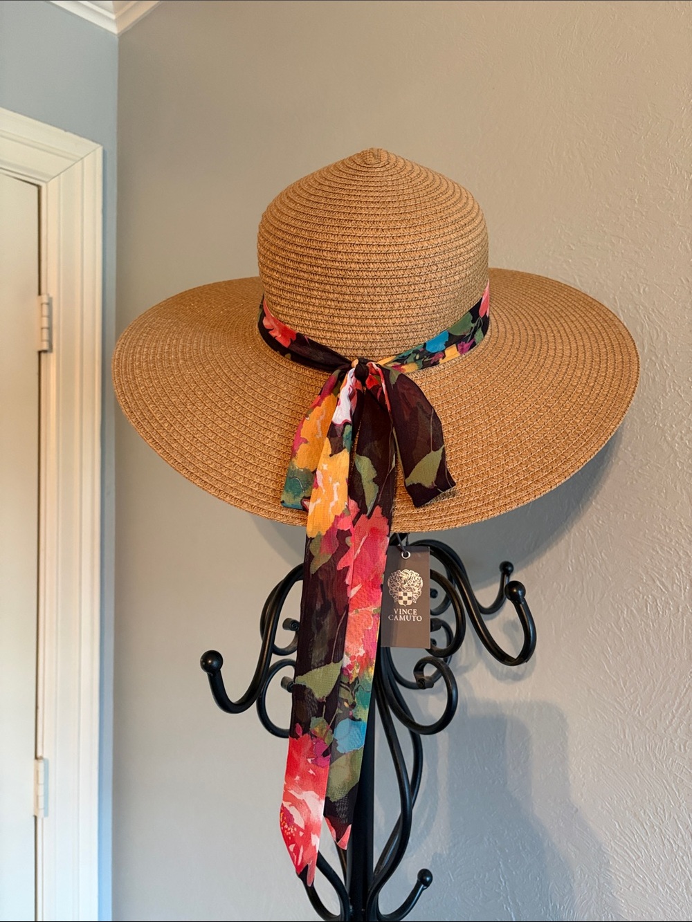 Vince Camuto Tan Straw Sun Hat with Multicolor Floral Scarf